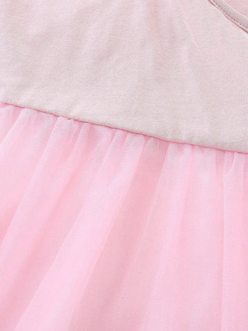 1pc Toddler Girls" Casual Animal Embroidery Patchwork V-Neck Short Sleeve Dress For Summer