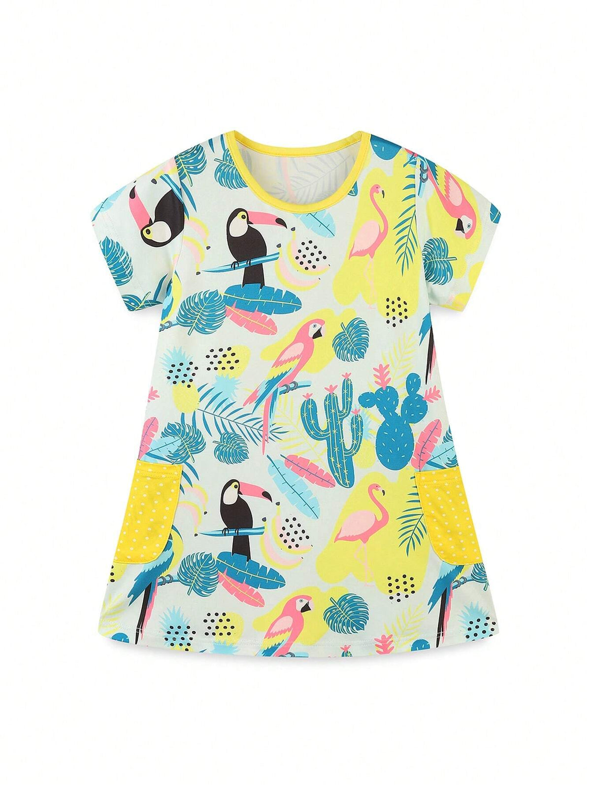1pc Toddler Girls" Casual Cartoon Bird Printed Short Sleeve Round Neck Dress With Pockets, Summer