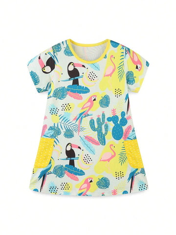 1pc Toddler Girls" Casual Cartoon Bird Printed Short Sleeve Round Neck Dress With Pockets, Summer