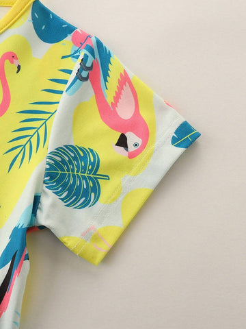 1pc Toddler Girls" Casual Cartoon Bird Printed Short Sleeve Round Neck Dress With Pockets, Summer