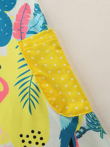 1pc Toddler Girls" Casual Cartoon Bird Printed Short Sleeve Round Neck Dress With Pockets, Summer