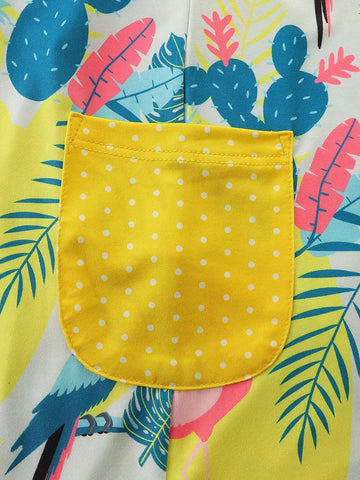 1pc Toddler Girls" Casual Cartoon Bird Printed Short Sleeve Round Neck Dress With Pockets, Summer