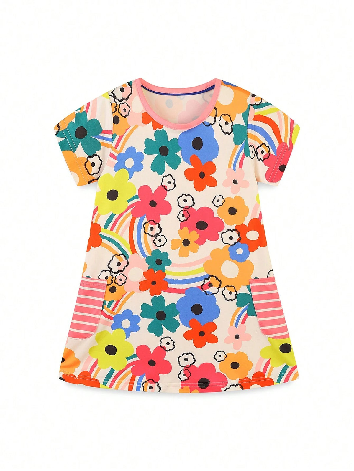 1pc Toddler Girls" Casual Cartoon Flower Printed Short Sleeve Dress With Pockets For Summer