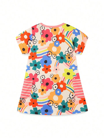 1pc Toddler Girls" Casual Cartoon Flower Printed Short Sleeve Dress With Pockets For Summer