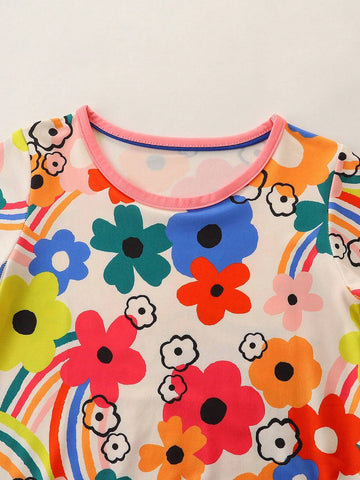1pc Toddler Girls" Casual Cartoon Flower Printed Short Sleeve Dress With Pockets For Summer