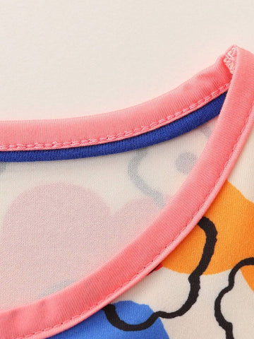 1pc Toddler Girls" Casual Cartoon Flower Printed Short Sleeve Dress With Pockets For Summer