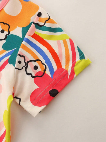 1pc Toddler Girls" Casual Cartoon Flower Printed Short Sleeve Dress With Pockets For Summer