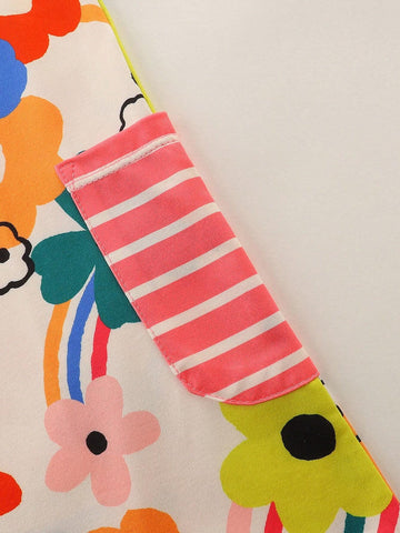 1pc Toddler Girls" Casual Cartoon Flower Printed Short Sleeve Dress With Pockets For Summer