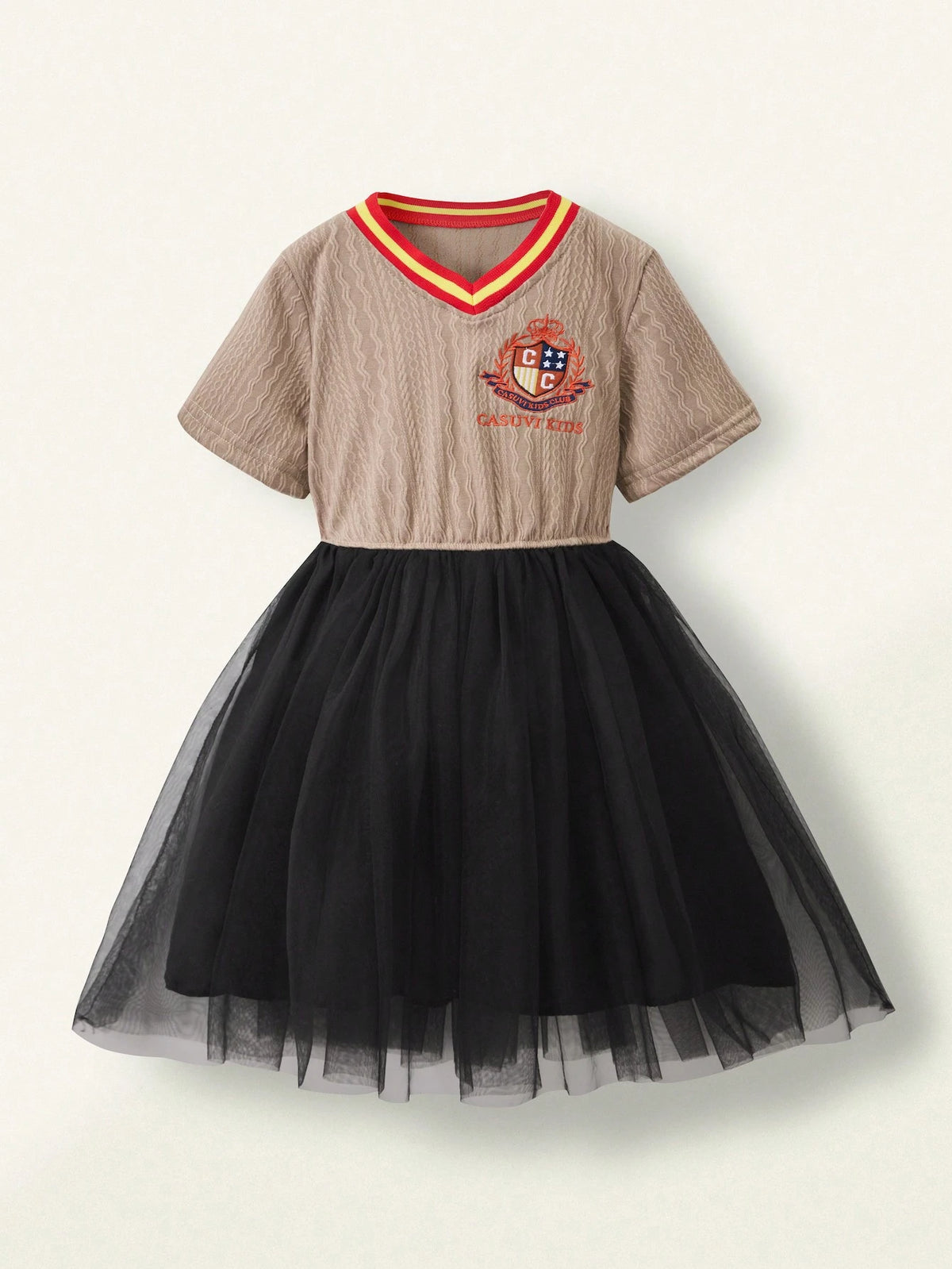 1pc Toddler Girls' Casual Contrast Collar & Hem Mesh Panel Short Sleeve Dress