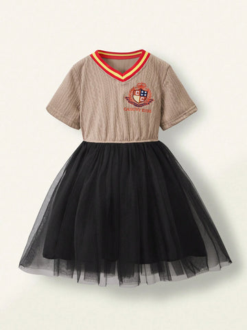 1pc Toddler Girls' Casual Contrast Collar & Hem Mesh Panel Short Sleeve Dress