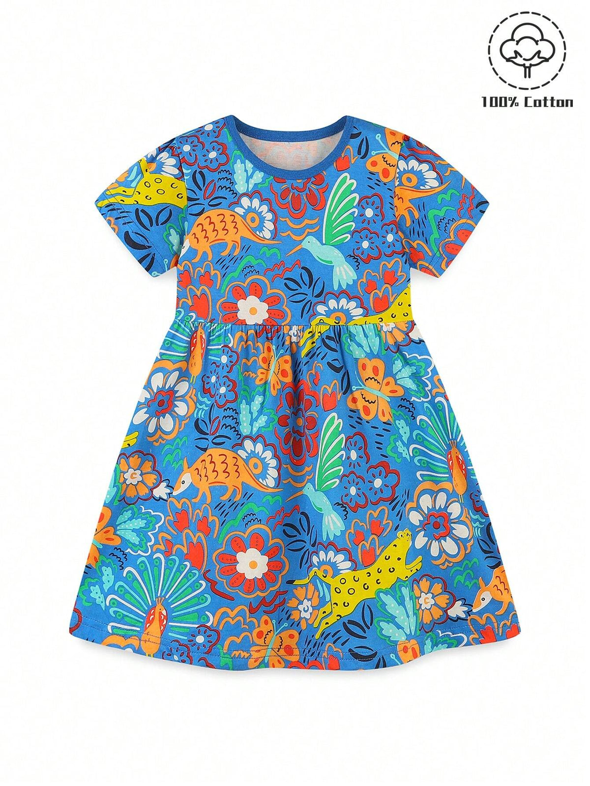 1pc Toddler Girls" Casual Jungle Printed Round Neck Short Sleeve Dress For Summer