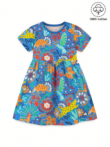 1pc Toddler Girls" Casual Jungle Printed Round Neck Short Sleeve Dress For Summer