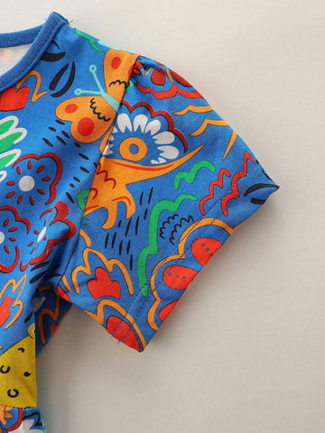 1pc Toddler Girls" Casual Jungle Printed Round Neck Short Sleeve Dress For Summer