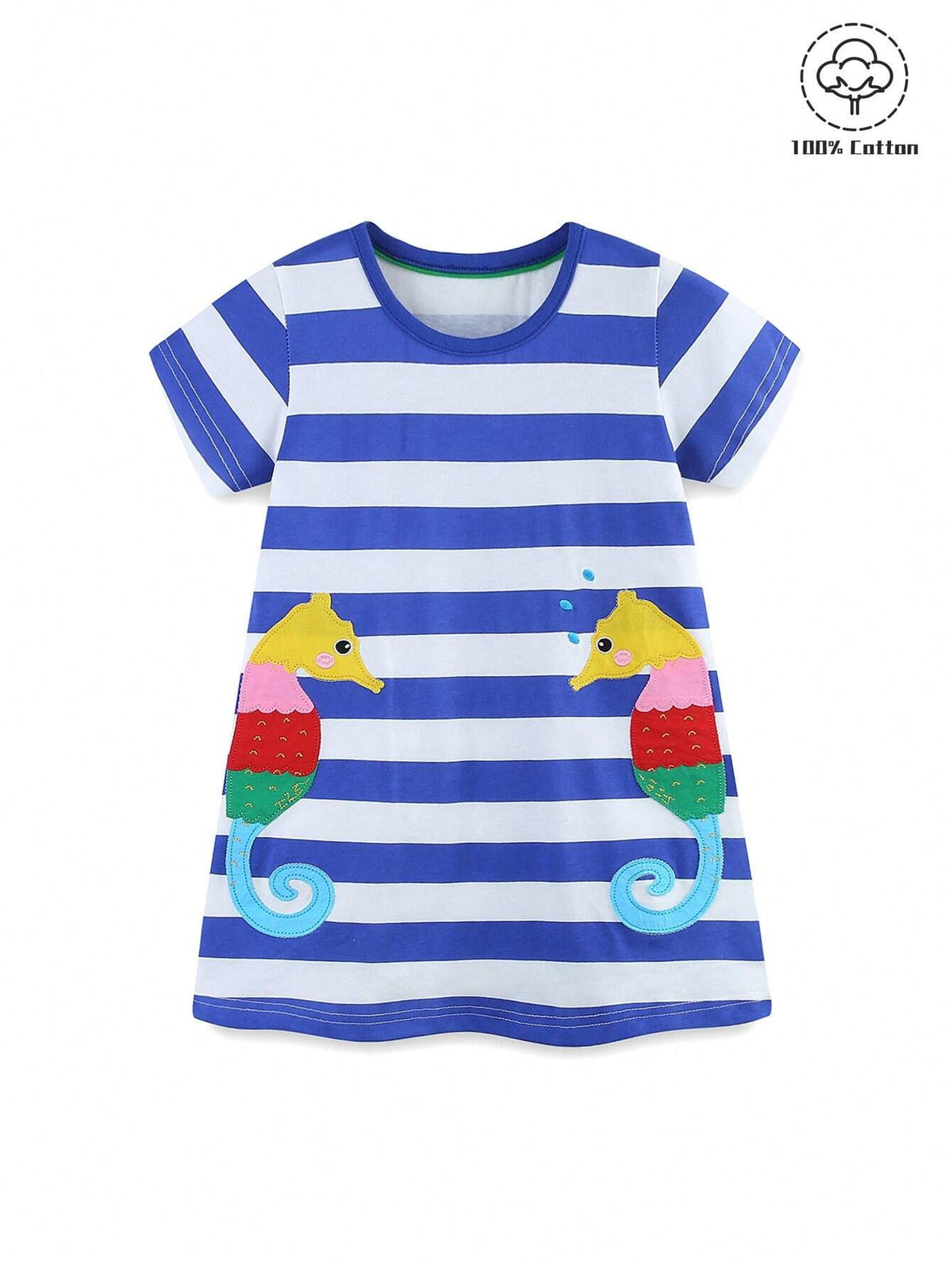 1pc Toddler Girls" Casual Short Sleeve Dress With Cartoon Seahorse Embroidery And Striped Round Neck For Summer