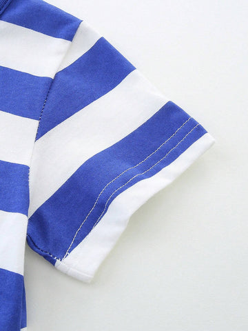 1pc Toddler Girls" Casual Short Sleeve Dress With Cartoon Seahorse Embroidery And Striped Round Neck For Summer