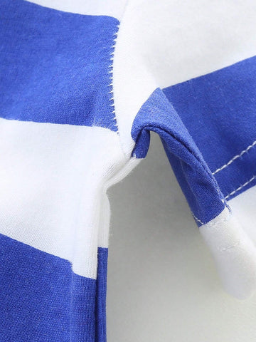 1pc Toddler Girls" Casual Short Sleeve Dress With Cartoon Seahorse Embroidery And Striped Round Neck For Summer