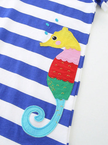 1pc Toddler Girls" Casual Short Sleeve Dress With Cartoon Seahorse Embroidery And Striped Round Neck For Summer