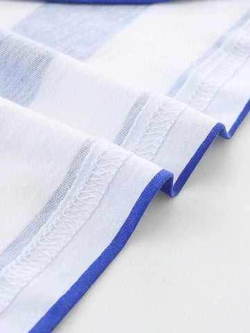 1pc Toddler Girls" Casual Short Sleeve Dress With Cartoon Seahorse Embroidery And Striped Round Neck For Summer