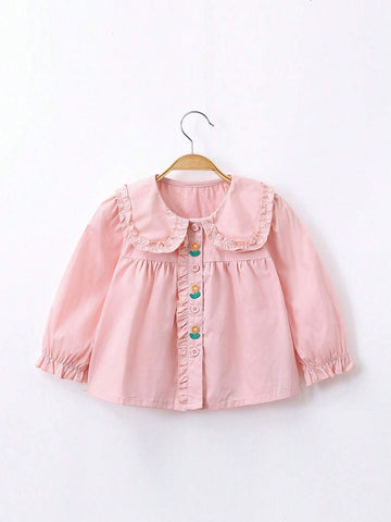 1pc Toddler Girls' Cute 3D Floral Decor Peter Pan Collar Long Sleeve Blouse, Spring Autumn