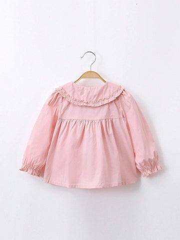 1pc Toddler Girls' Cute 3D Floral Decor Peter Pan Collar Long Sleeve Blouse, Spring Autumn