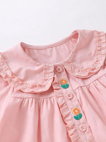 1pc Toddler Girls' Cute 3D Floral Decor Peter Pan Collar Long Sleeve Blouse, Spring Autumn