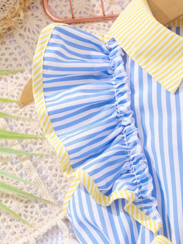 1pc Toddler Girls' Cute Casual Elegant Striped Dress With Turn-Down Collar And Bow Belt, For Travel And Summer Vacations