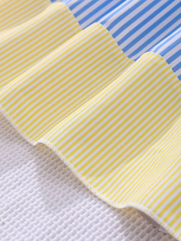 1pc Toddler Girls' Cute Casual Elegant Striped Dress With Turn-Down Collar And Bow Belt, For Travel And Summer Vacations