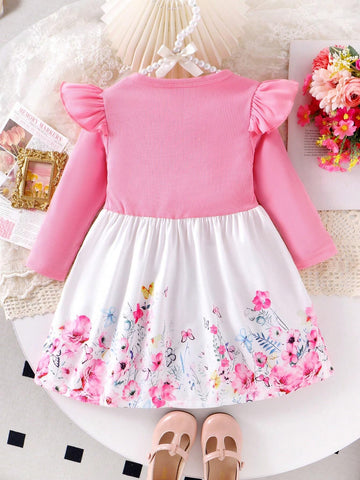 1pc Toddler Girls' Cute Long Sleeve Bow Printed Dress, Spring/Autumn