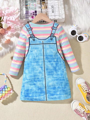 1pc Toddler Girls Cute Unicorn Printed Denim Pinafore Dress With Long Sleeve, For School
