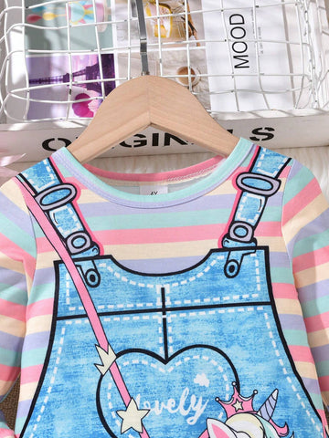 1pc Toddler Girls Cute Unicorn Printed Denim Pinafore Dress With Long Sleeve, For School