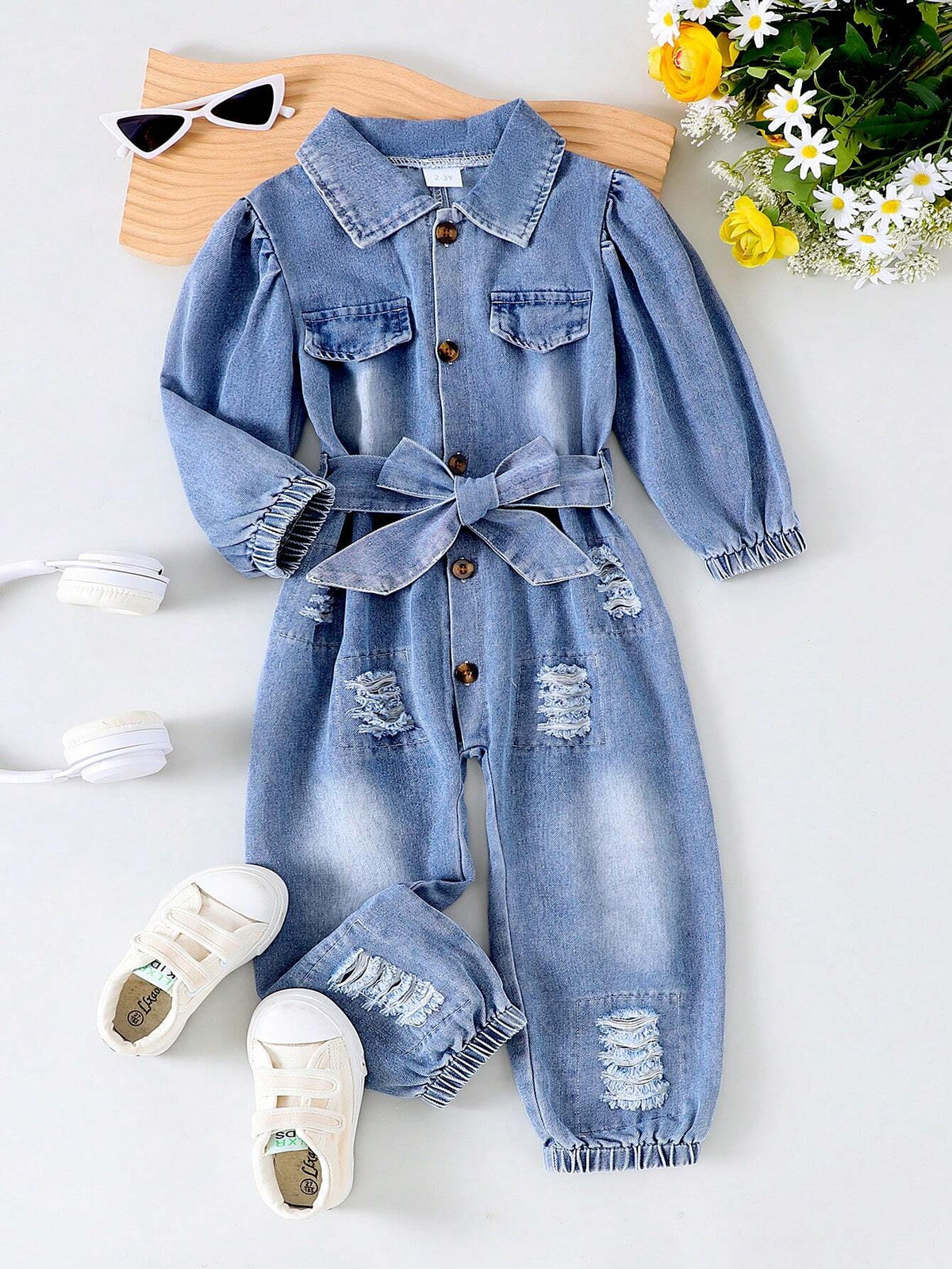 1pc Toddler Girls' Fashionable Denim Jumpsuit With Collar And Belt, Autumn/Winter