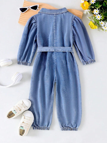 1pc Toddler Girls' Fashionable Denim Jumpsuit With Collar And Belt, Autumn/Winter