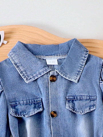 1pc Toddler Girls' Fashionable Denim Jumpsuit With Collar And Belt, Autumn/Winter