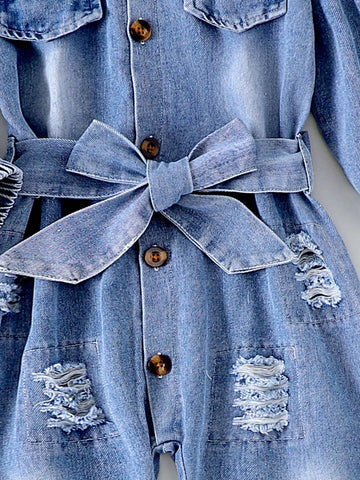 1pc Toddler Girls' Fashionable Denim Jumpsuit With Collar And Belt, Autumn/Winter