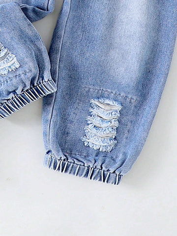 1pc Toddler Girls' Fashionable Denim Jumpsuit With Collar And Belt, Autumn/Winter