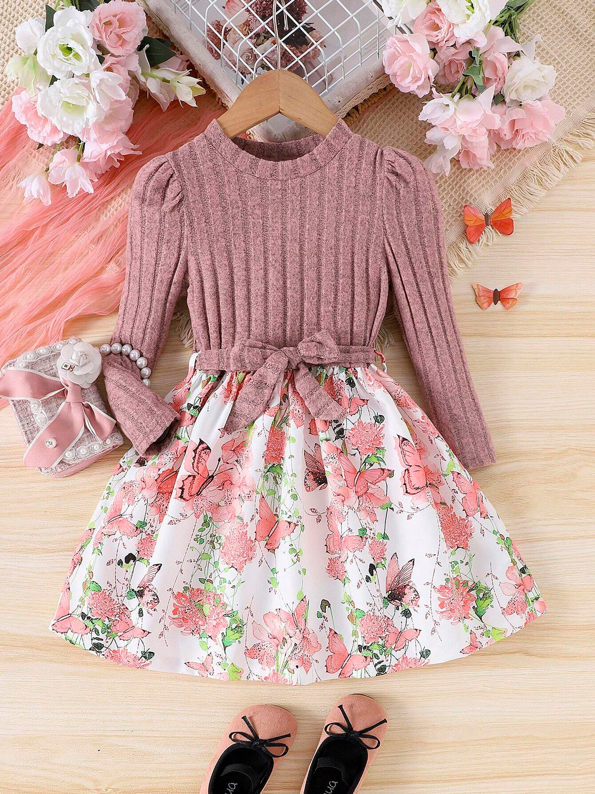 1pc Toddler Girls' Nature Themed Patchwork Long Sleeve Pullover Dress, Autumn/Winter
