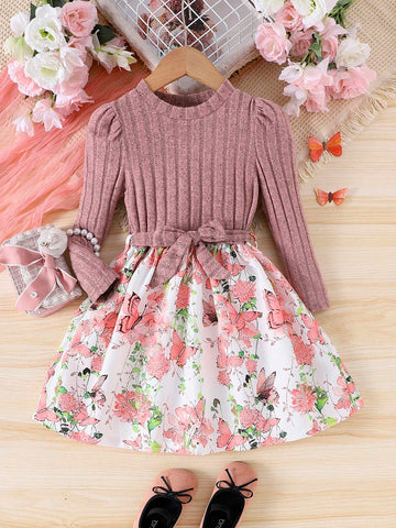 1pc Toddler Girls' Nature Themed Patchwork Long Sleeve Pullover Dress, Autumn/Winter