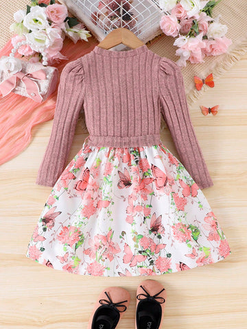 1pc Toddler Girls' Nature Themed Patchwork Long Sleeve Pullover Dress, Autumn/Winter