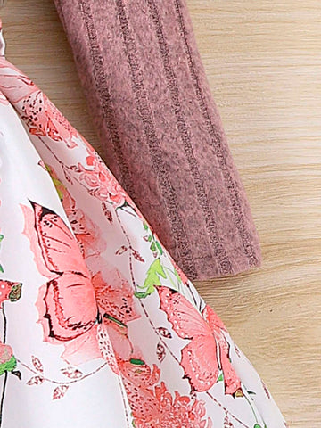 1pc Toddler Girls' Nature Themed Patchwork Long Sleeve Pullover Dress, Autumn/Winter