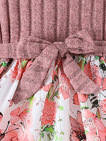 1pc Toddler Girls' Nature Themed Patchwork Long Sleeve Pullover Dress, Autumn/Winter