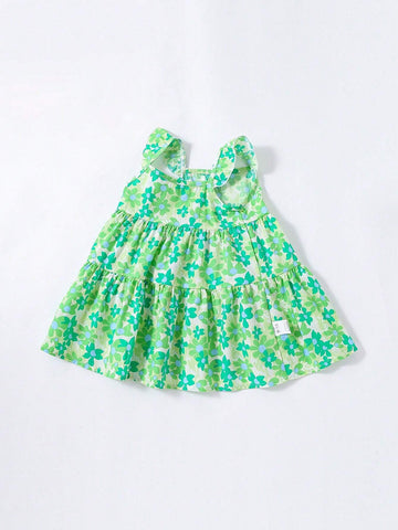 1pc Toddler Girls' Sweet Ditsy Floral Strappy Dress For Summer