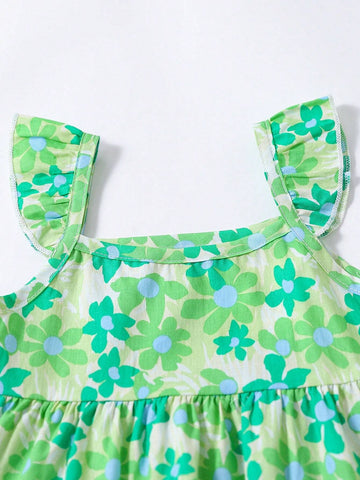 1pc Toddler Girls' Sweet Ditsy Floral Strappy Dress For Summer