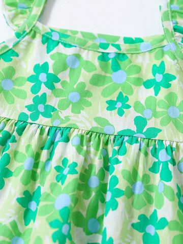 1pc Toddler Girls' Sweet Ditsy Floral Strappy Dress For Summer