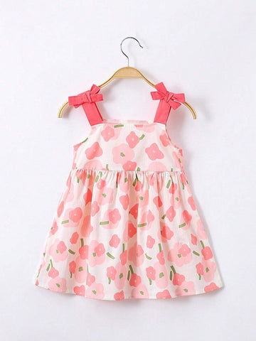1pc Toddler Girls' Sweet Floral Pattern Sleeveless Dress With 3D Bow Decoration For Summer