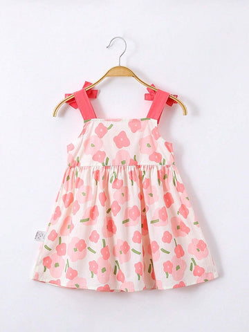1pc Toddler Girls' Sweet Floral Pattern Sleeveless Dress With 3D Bow Decoration For Summer