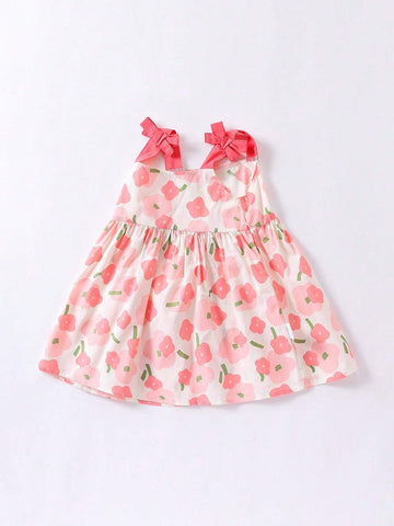 1pc Toddler Girls' Sweet Floral Pattern Sleeveless Dress With 3D Bow Decoration For Summer