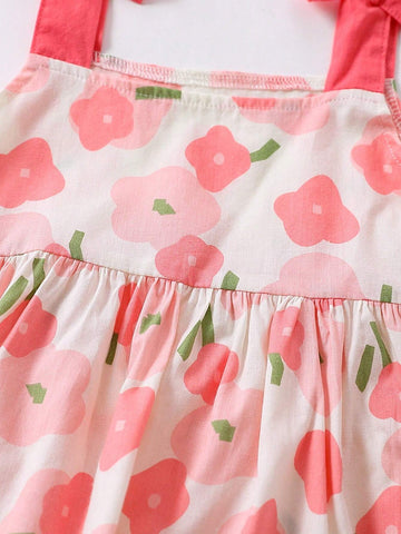1pc Toddler Girls' Sweet Floral Pattern Sleeveless Dress With 3D Bow Decoration For Summer