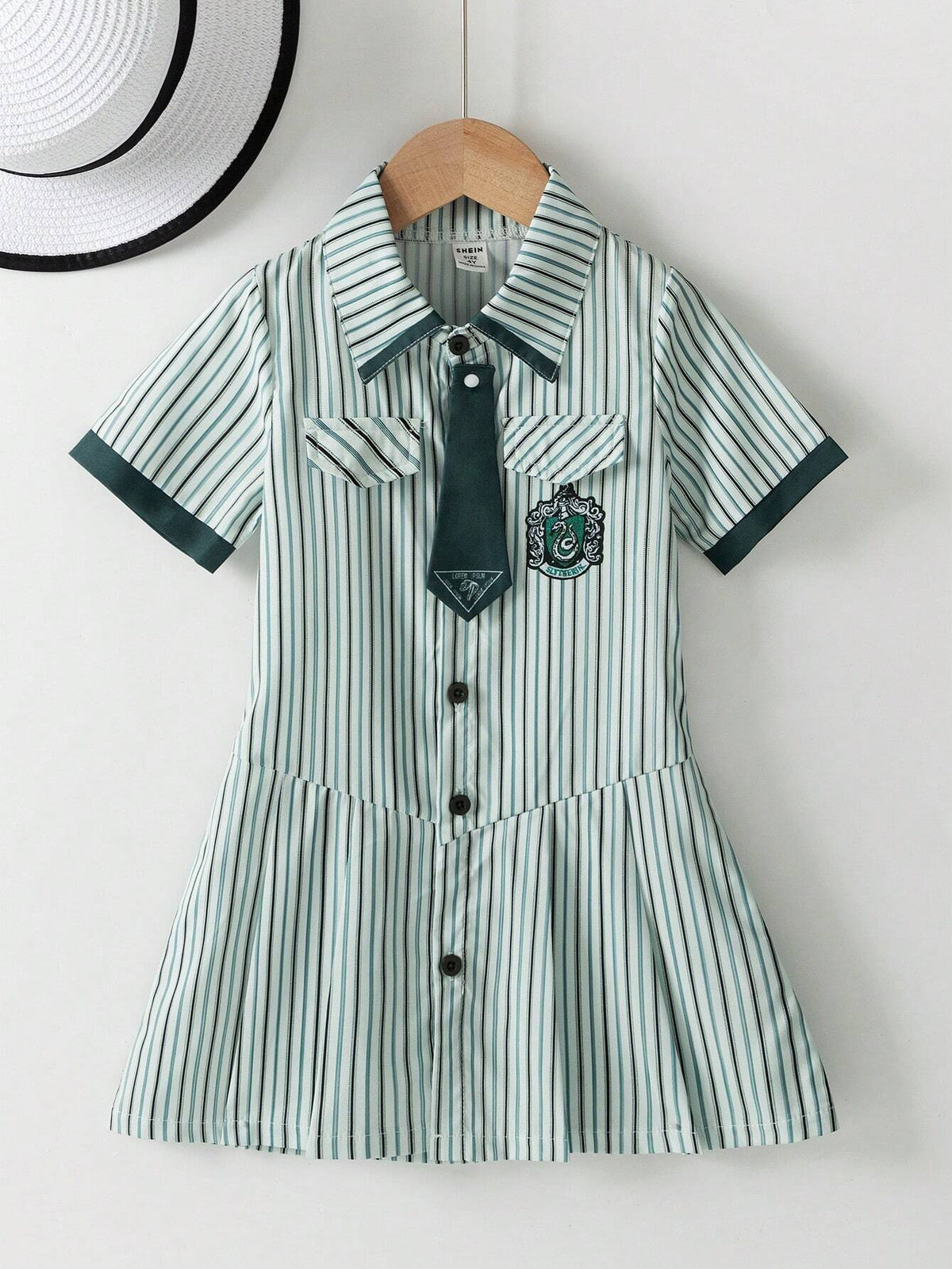 1pc Toddler's Casual Short Sleeve Collared Green Striped A-Line Dress With Button Front And Cinched Waist, Summer