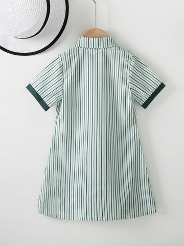 1pc Toddler's Casual Short Sleeve Collared Green Striped A-Line Dress With Button Front And Cinched Waist, Summer