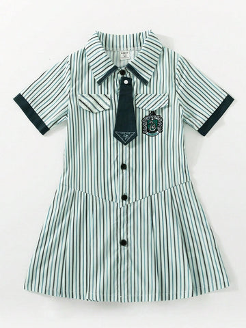 1pc Toddler's Casual Short Sleeve Collared Green Striped A-Line Dress With Button Front And Cinched Waist, Summer